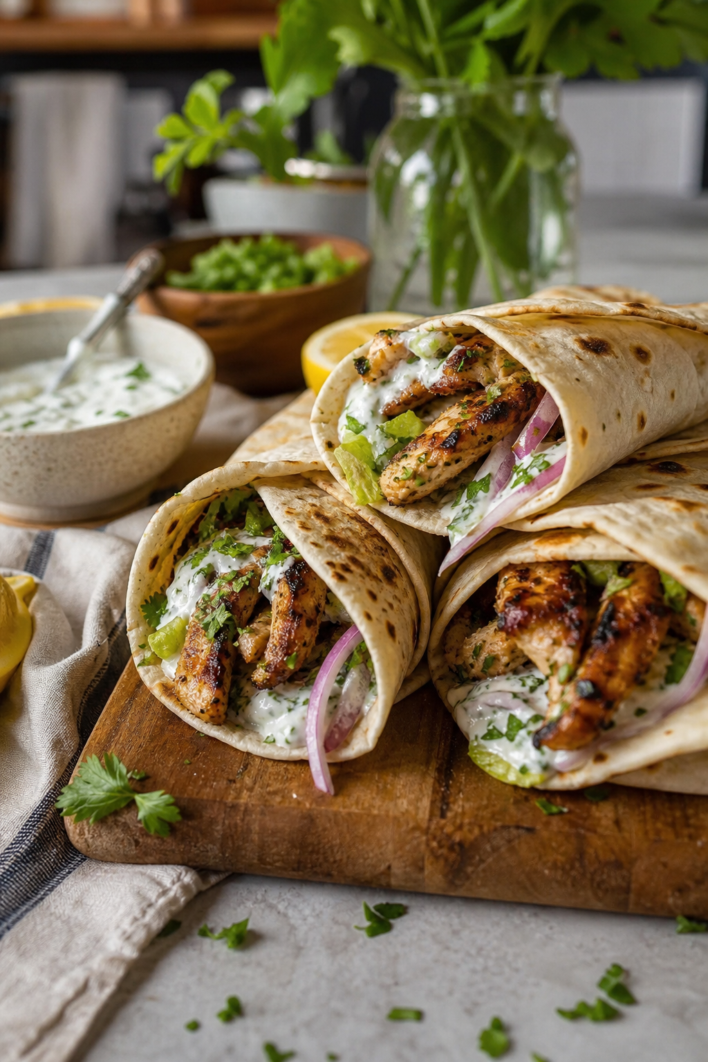 Creamy yoghurt lemon chicken wraps.