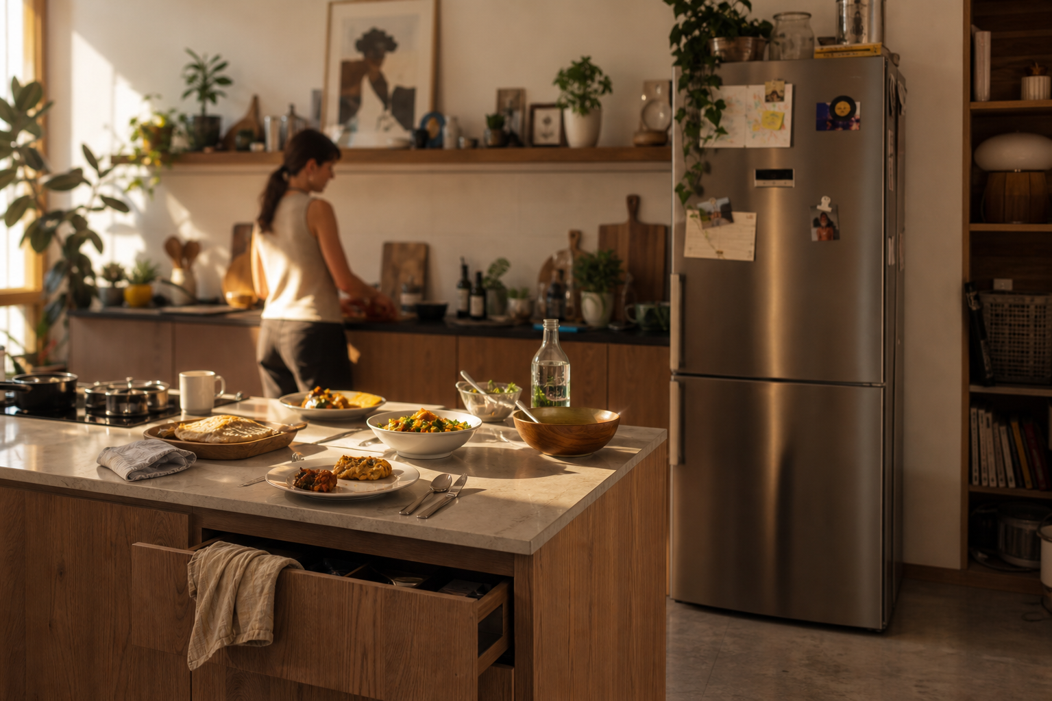 The same life, later: warm light, dinner already decided, someone cooking calmly.